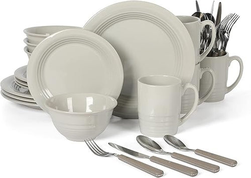 32pc Stoneware Dinnerware & Cutlery Set Service for 4 Grey Plates Bowls Mugs
