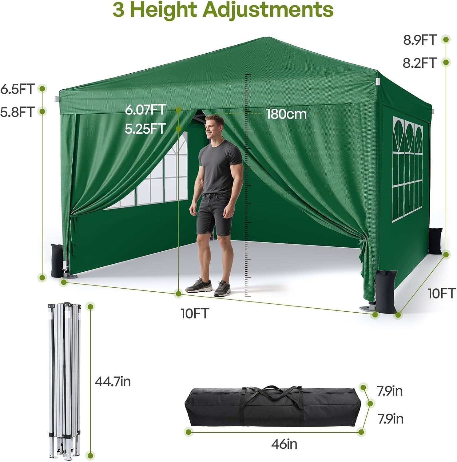 3x3m Dark Green Pop-Up Gazebo with Sides Waterproof Steel Frame Party Tent