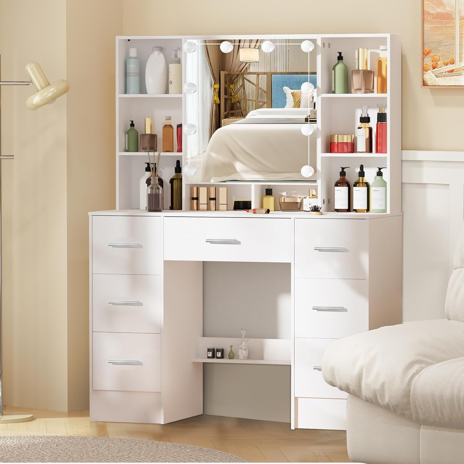 Modern Vanity Makeup Dressing Table w/Mirror Storage Drawers Lights Ivory