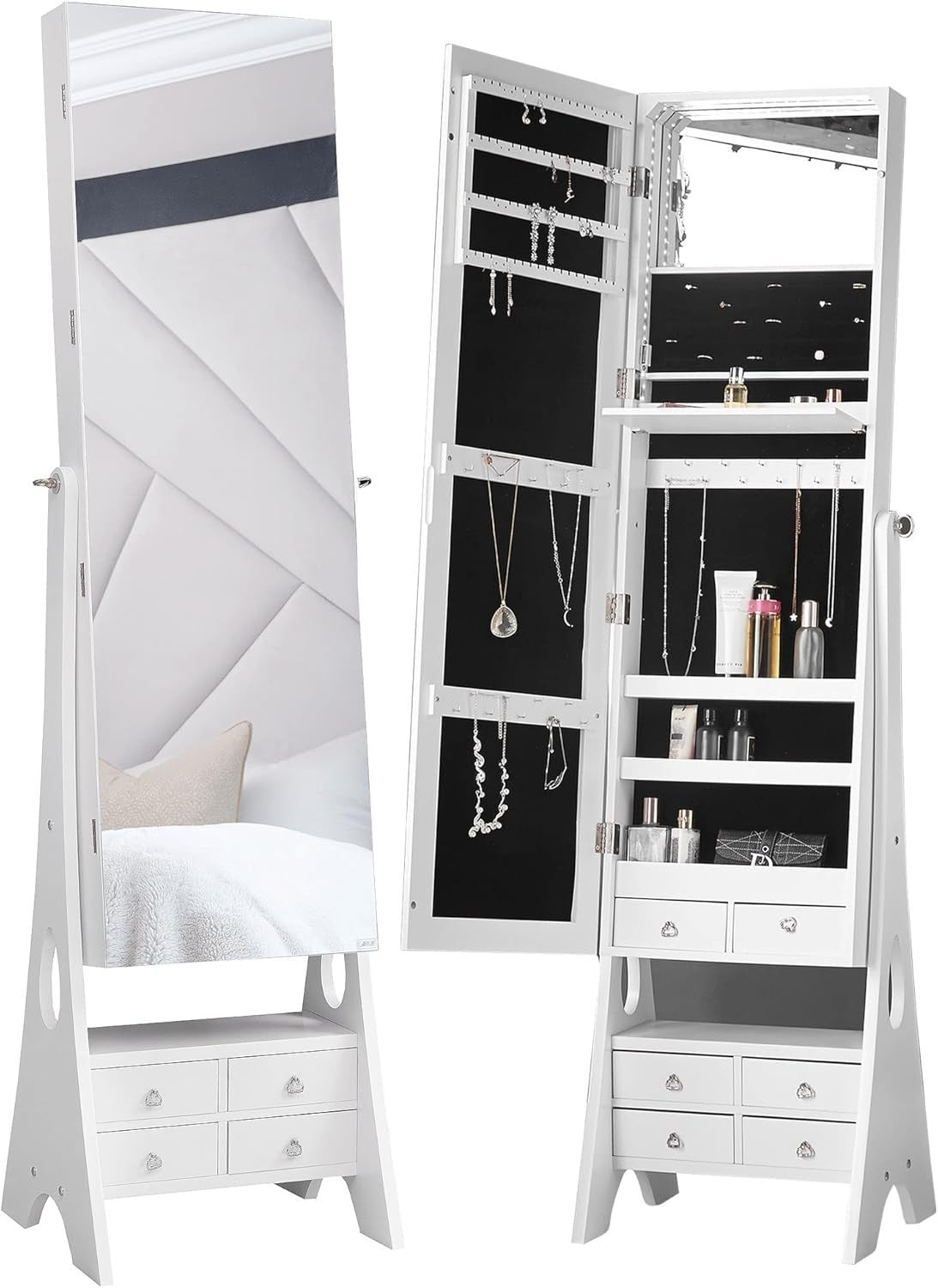 White LED Jewellery Storage Cabinet Full Length Mirror with Drawers