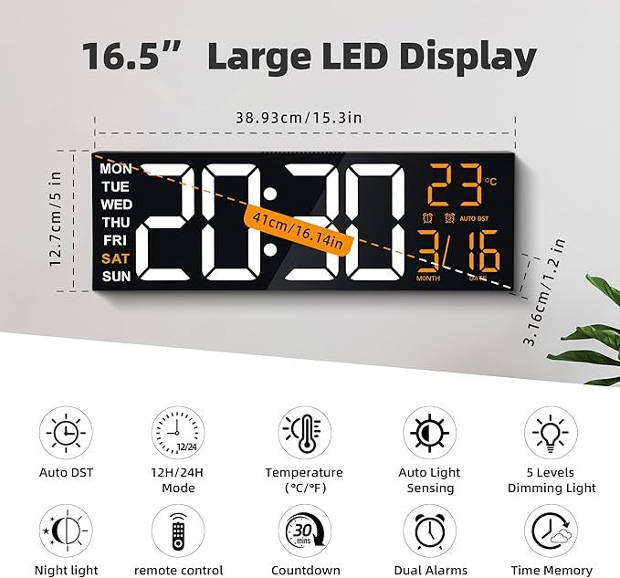 16" RGB Digital Wall Clock Large Display Auto-Dim Dual Alarms Temp Date Remote