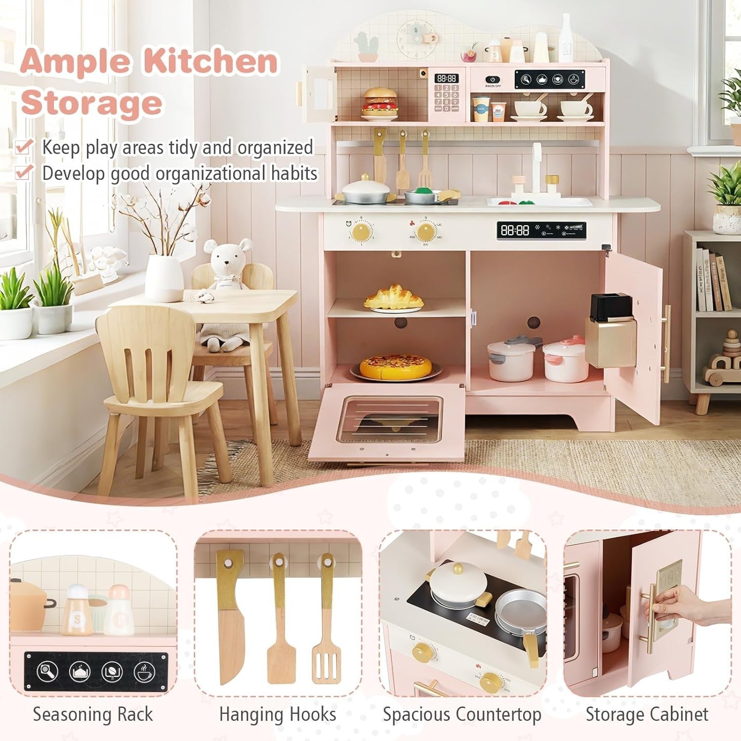 Wooden Kids Play Kitchen Pink Coffee Maker Oven 17PCS Accessories