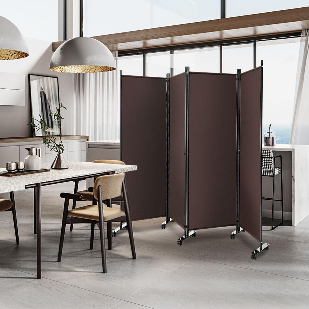 4 Panel Espresso Folding Room Divider Privacy Screen on Wheels for Home Office
