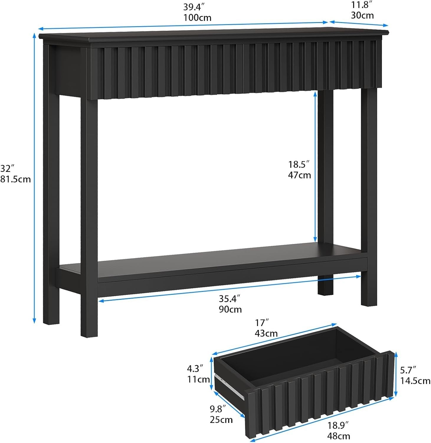 Narrow Fluted Console Table with 2 Drawers & Open Shelf, 81.5cm H
