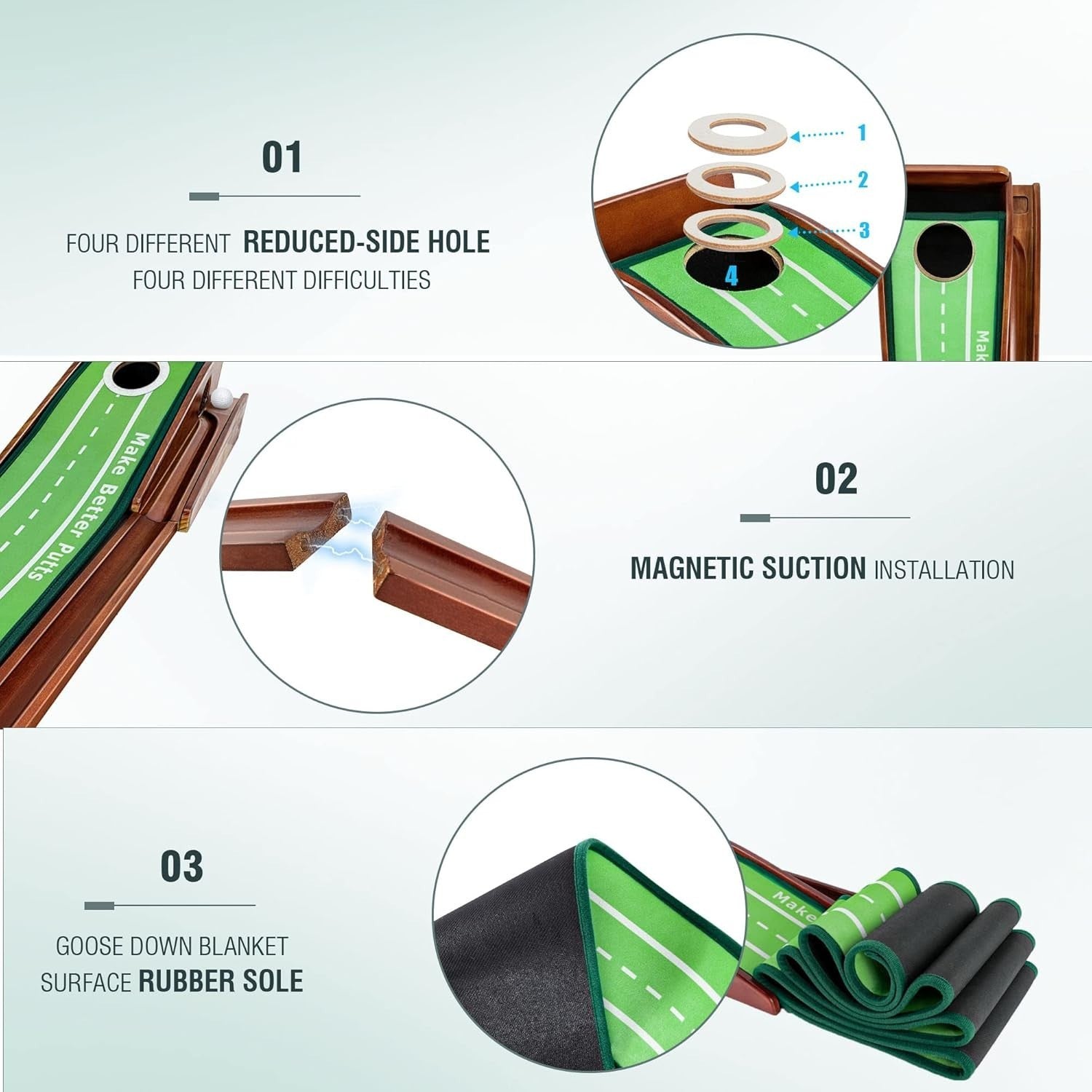 Golf Putting Green Auto Ball Return 3 Hole Indoor Outdoor Practice Mat