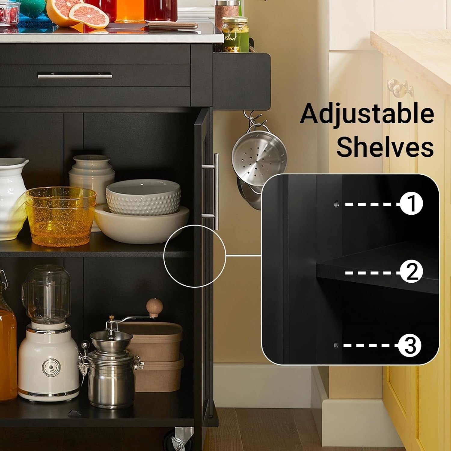 80x46x90cm Kitchen Island Cart Stainless Steel Top Black