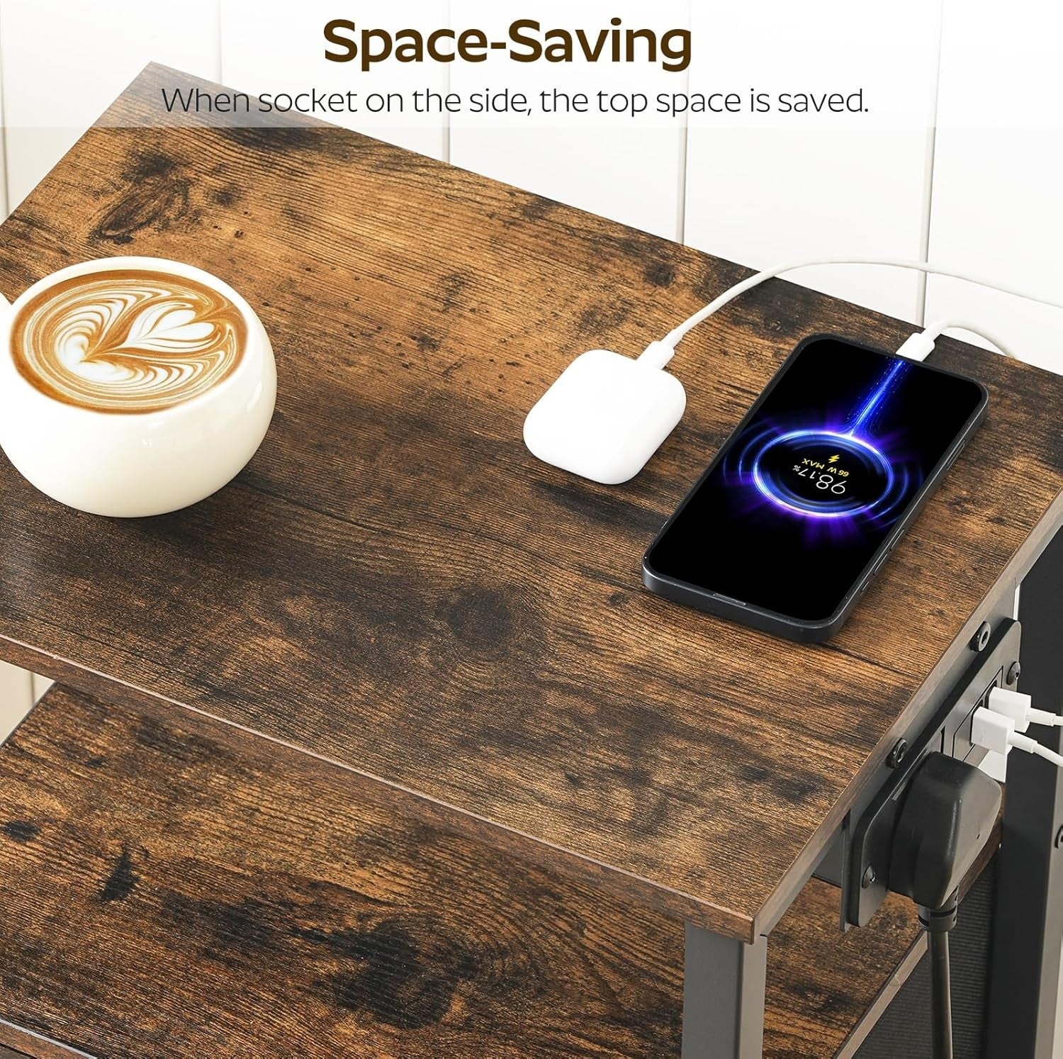 Set of 2 Rustic Bedside Tables with USB Charging Station 2 Drawers & Shelves