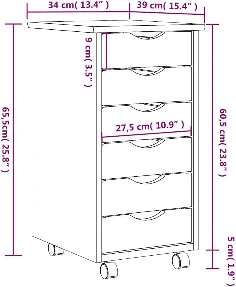 Solid Wood Rolling File Cabinet 6 Drawer Mobile Office Storage