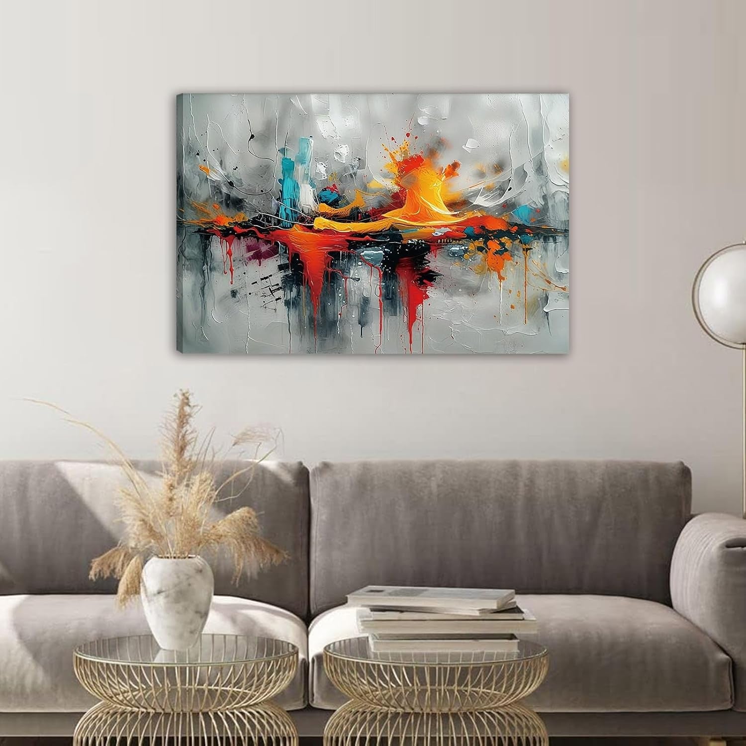 Abstract Canvas Wall Art Blue Orange Modern Framed Painting 59x39cm Home Decor