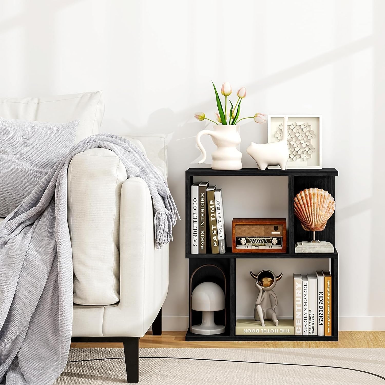 Black S-Shaped 3 Tier Bookcase Small Freestanding Display Shelf 50×18×56cm