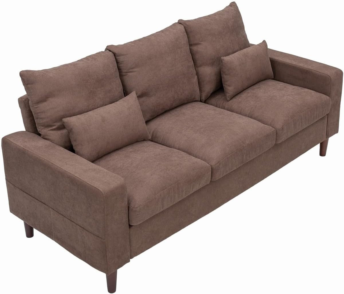 3 Seater Sofa Brown Linen Upholstered Couch Modern Compact Soft Seat with Cushio