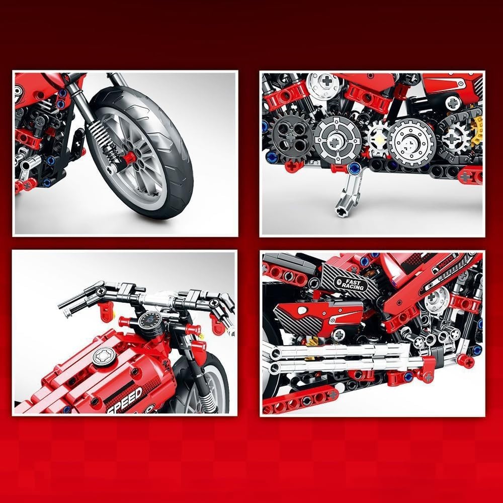 Motorcycle Building Blocks Kit with Moving Pistons & Display Stand 32cm