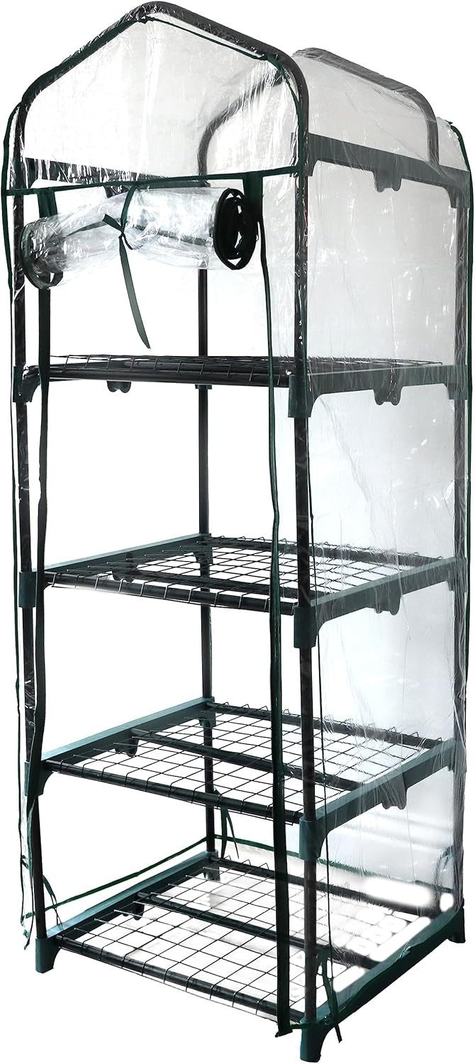 4 Tier Mini Greenhouse with Clear PVC Cover | Heavy Duty Steel Frame | Compact