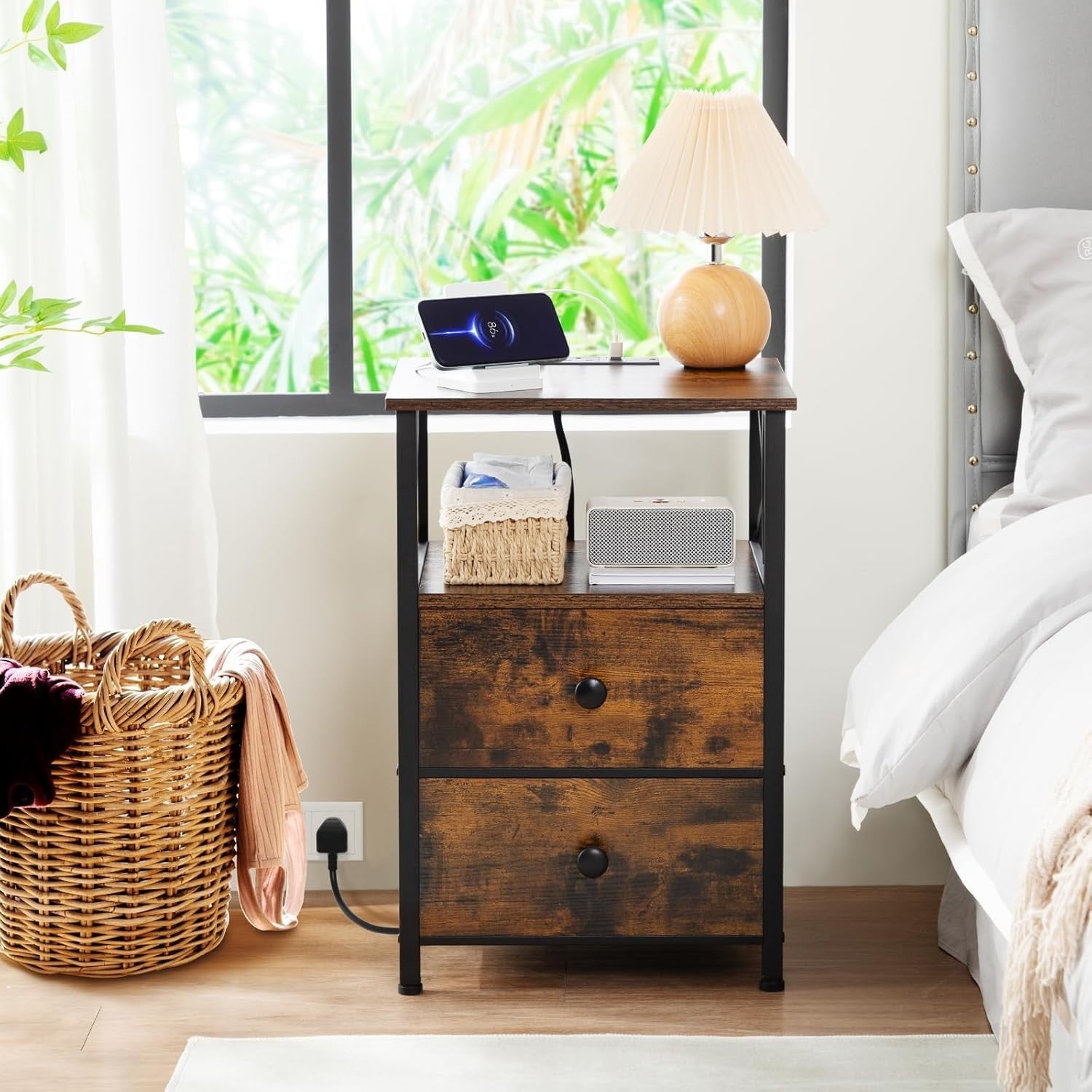 Set of 2 Brown Bedside Tables with USB Ports & Fabric Drawers