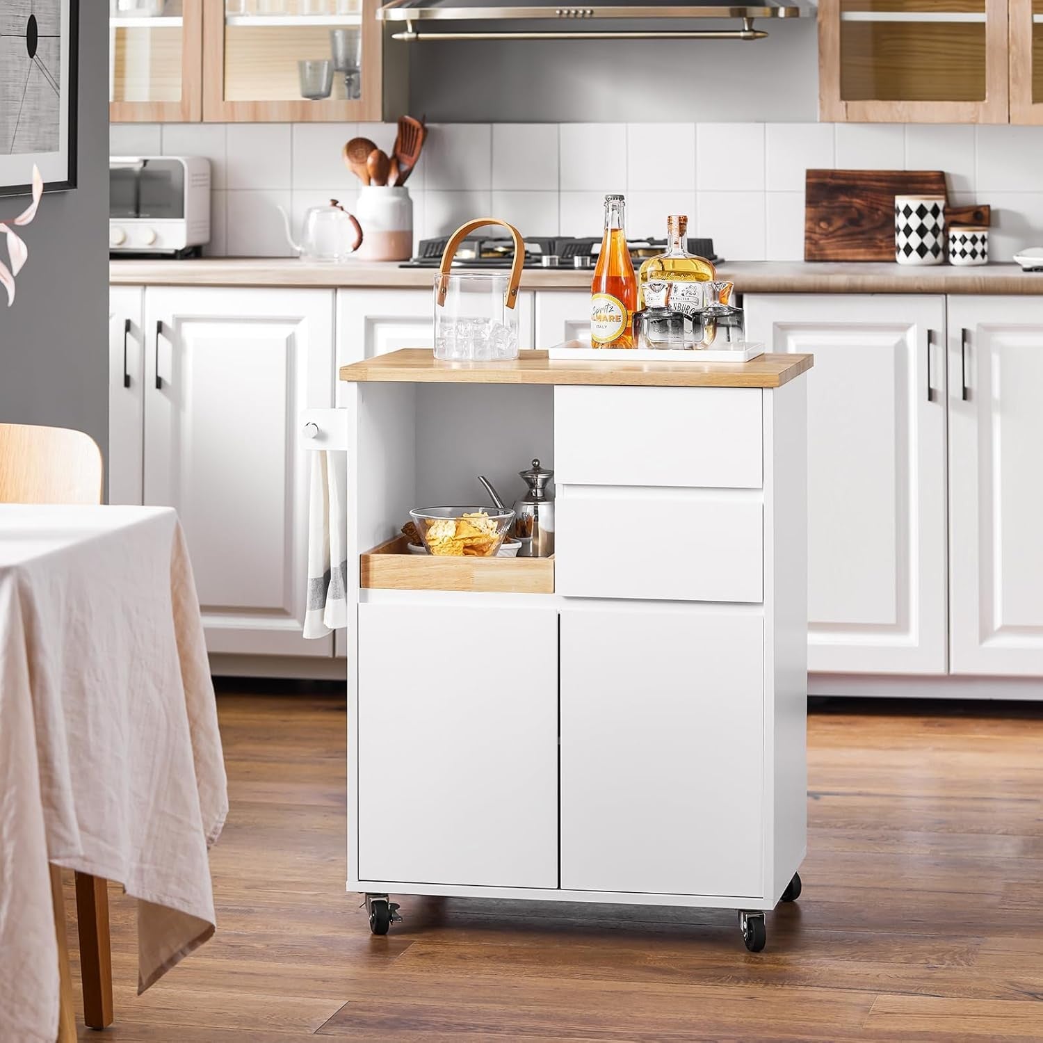 Kitchen Island on Wheels White Storage Trolley with Drawers Adjustable Shelves