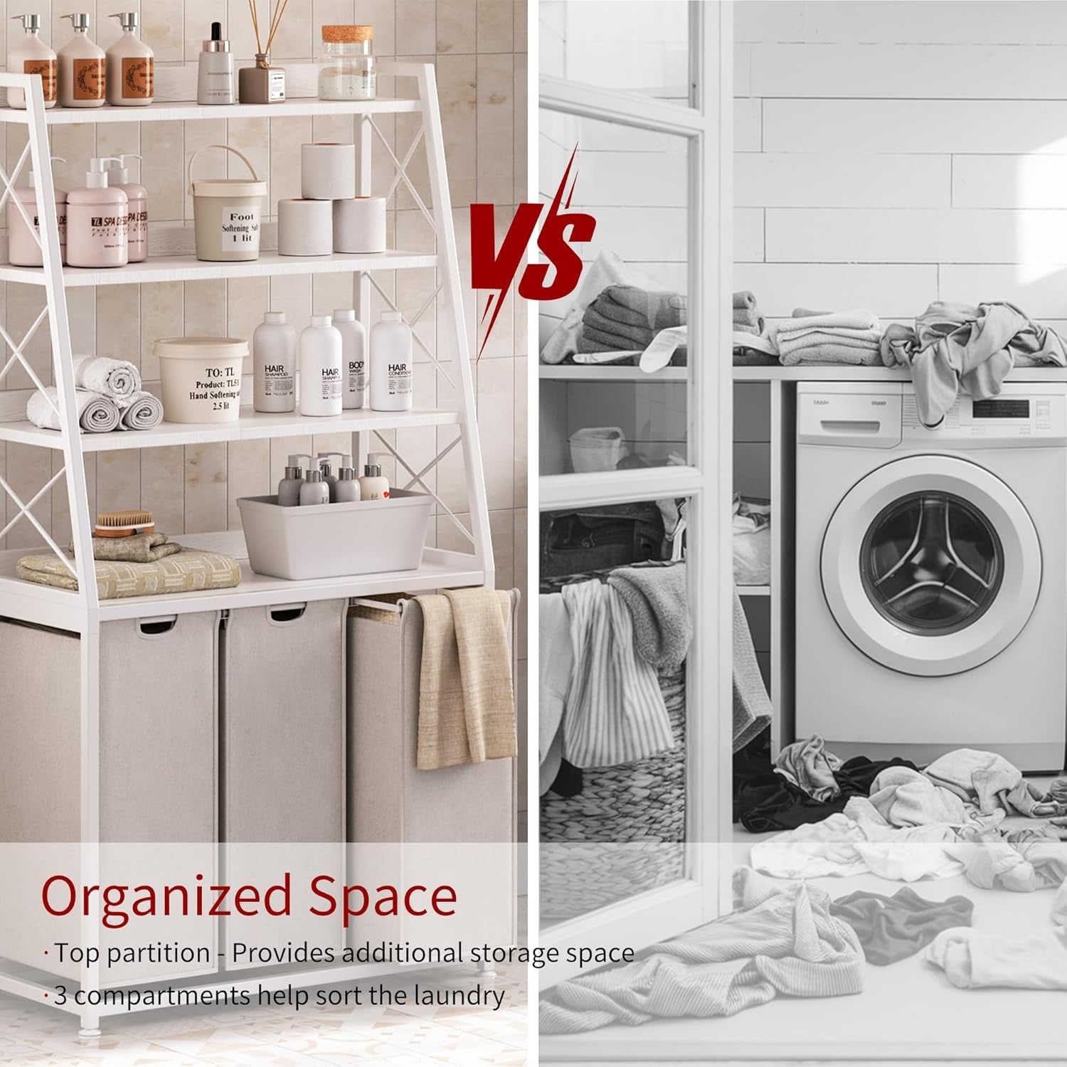 White 3 Section Laundry Hamper with 4 Tier Shelf Removable Bags & Wheels Unit