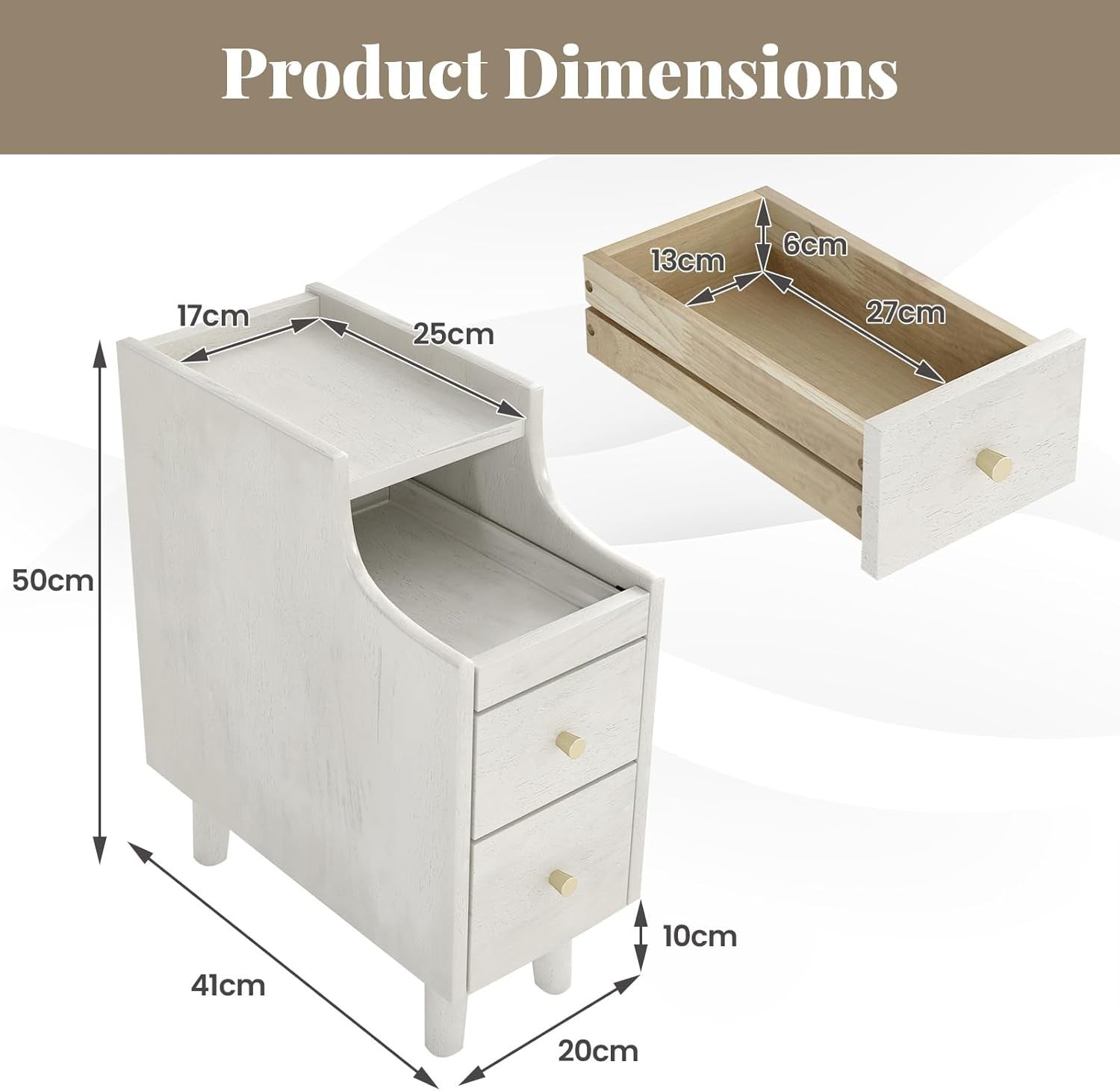 Slim White Bedside Table with 2 Drawers, Pull-Out Tray & Cable Hole, 41x20x50cm
