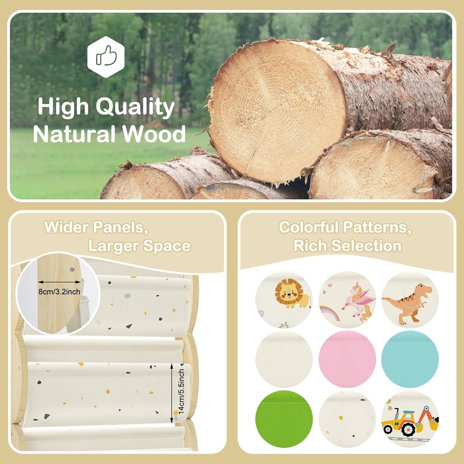 4-Tier Wall Mounted Kids Bookshelf with Fabric Sling & Pockets, Pine Wood