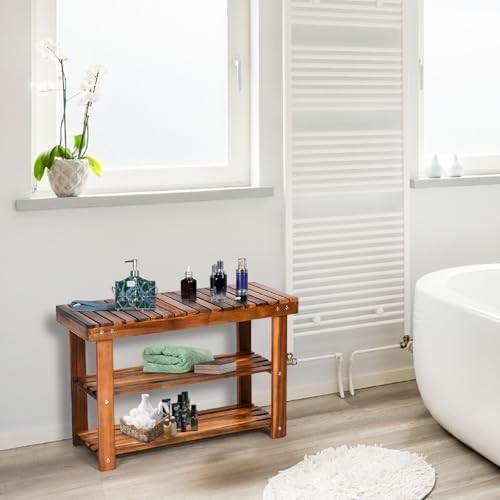 70cm Acacia Wood 3-Tier Shoe Rack Bench – Hallway Storage Seat