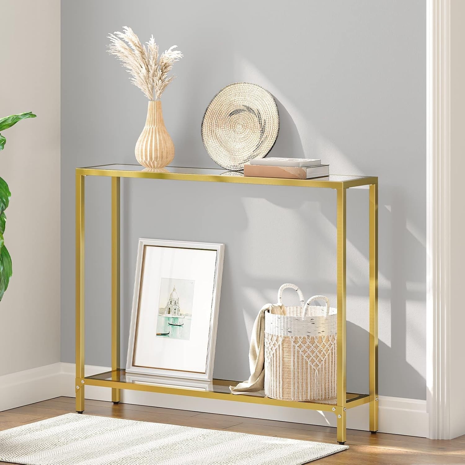 Slim 2-Tier Gold Console Table 100x22x80cm Tempered Glass Shelf