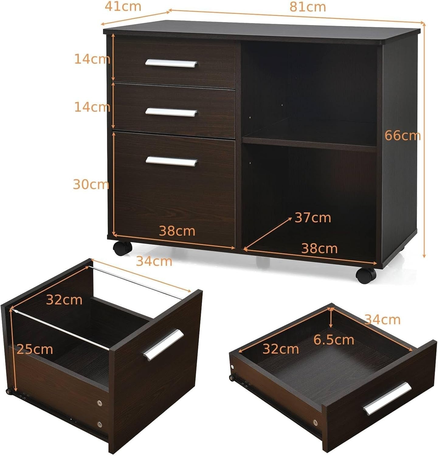 Coffee Lateral Mobile Filing Cabinet 3 Drawer Letter Printer Stand