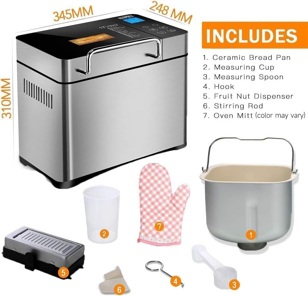 17-in-1 Stainless Steel Bread Maker 2LB Ceramic Pan Auto Nut Dispenser