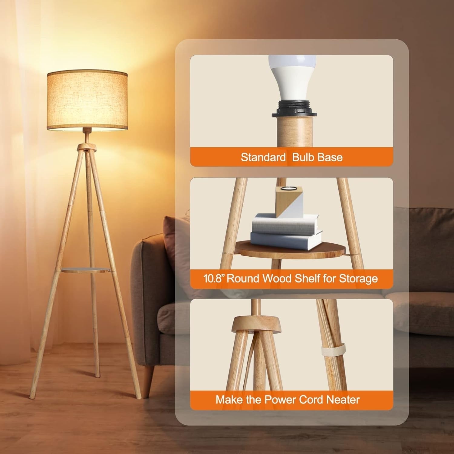 Dimmable Wooden Tripod Lamp with Remote & Built-in Storage Shelf