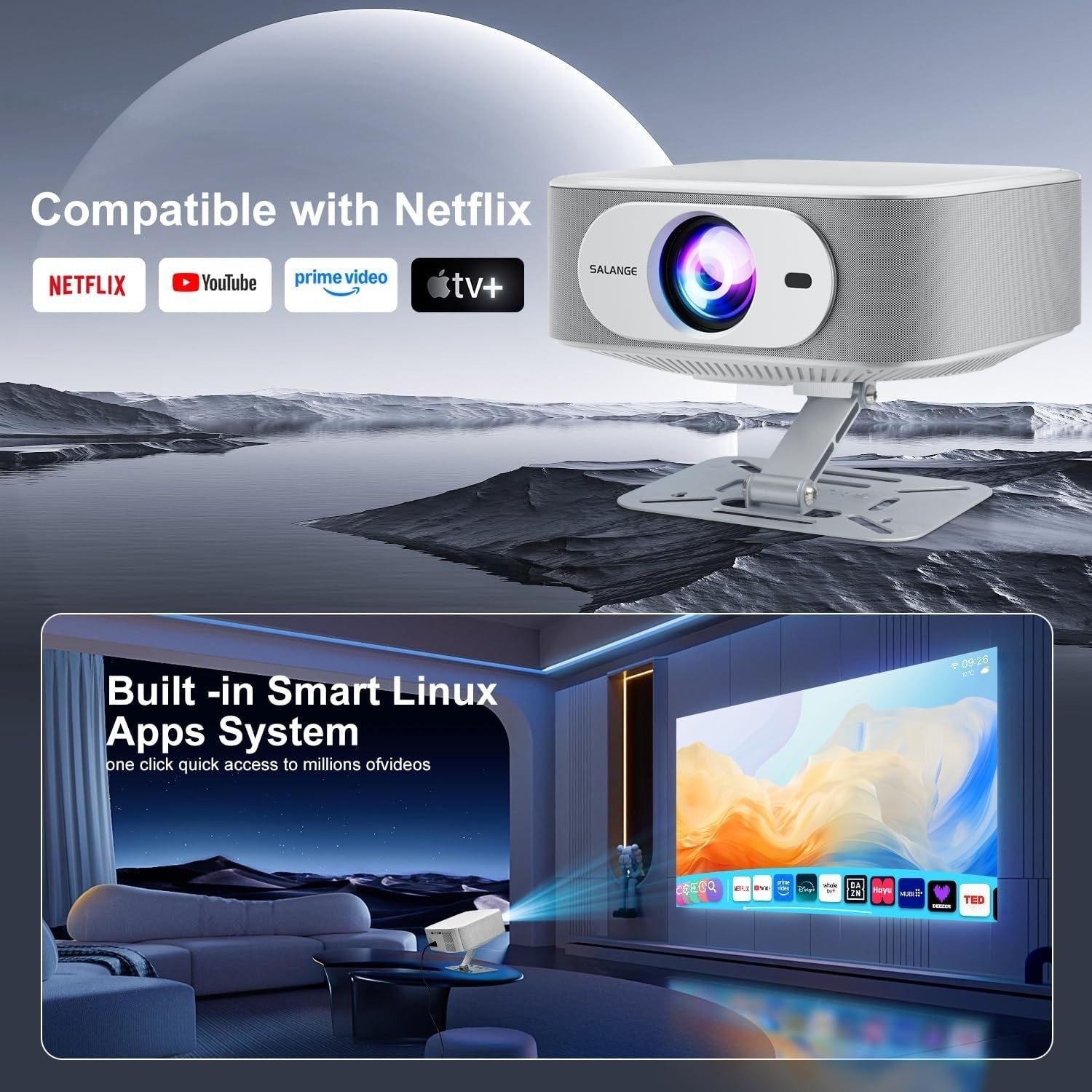 1080P Smart Projector Netflix 800 ANSI WiFi 6 Bluetooth Auto Focus