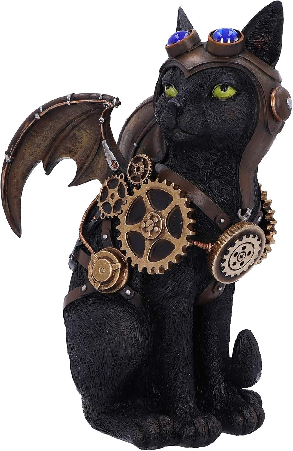 Steampunk Black Cat Figurine 22.7cm Winged Resin Statue Gothic Pilot Ornament