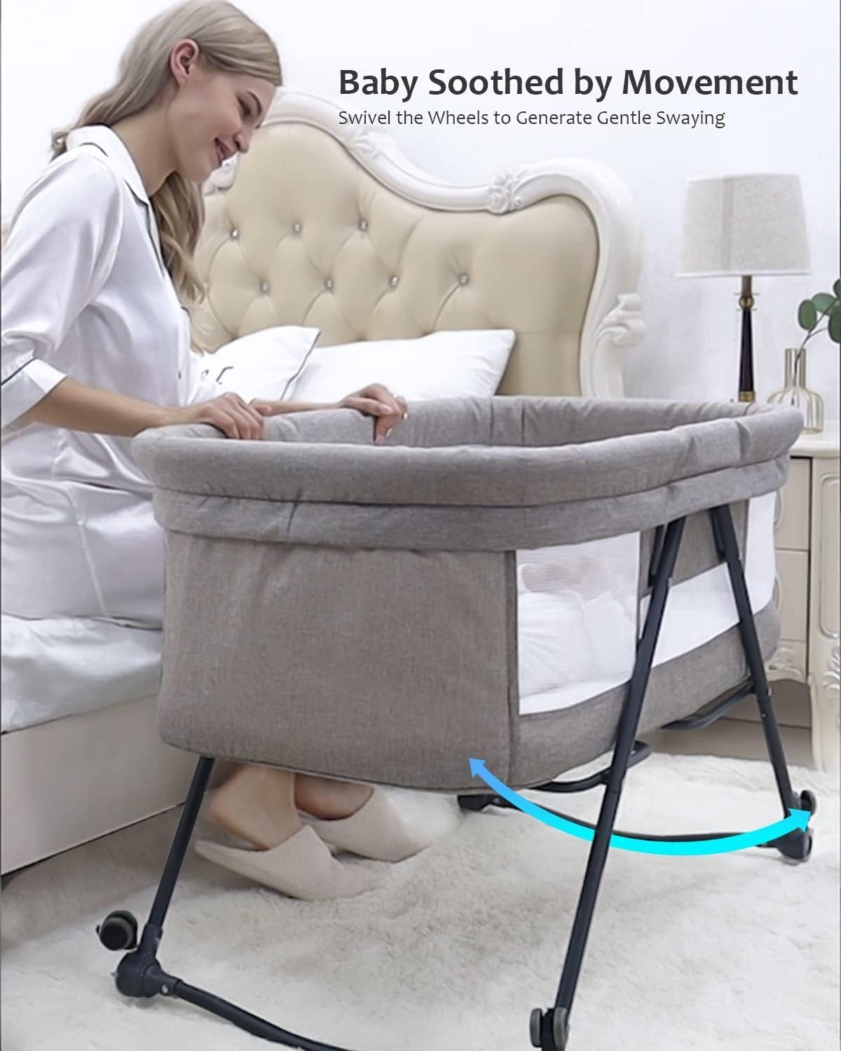 Portable Travel Cot with Mattress Rocking Bassinet Bedside Crib Silent Wheels