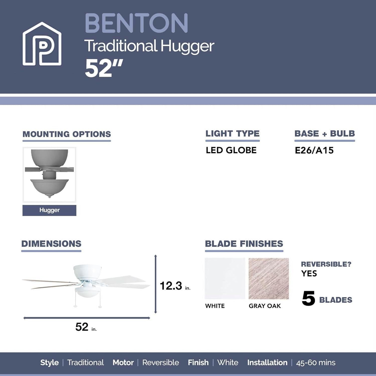 Prominence Home Benton 52" Ceiling Fan, 5 Blades, Remote, Quiet Motor, White