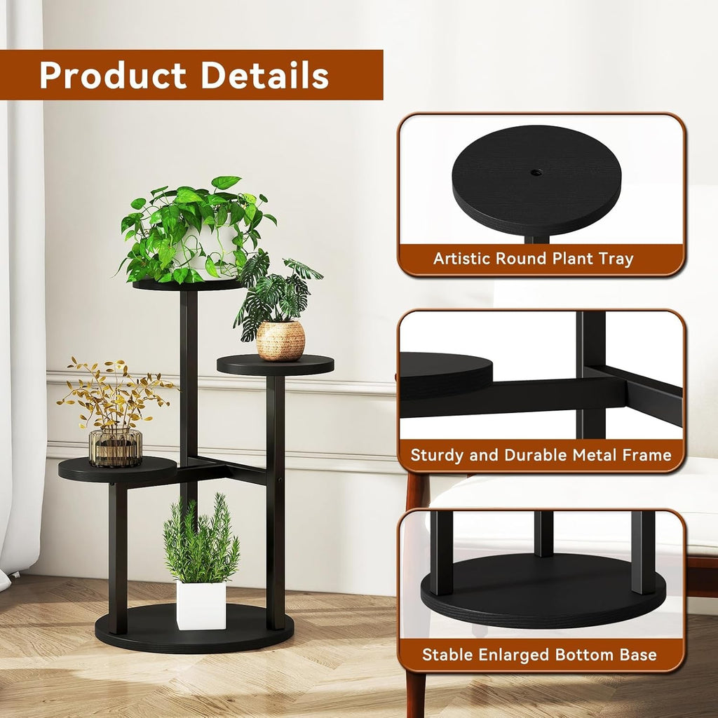 4 Tier Black Metal Wood Plant Stand | Modern Indoor Corner Flower Pot Shelf