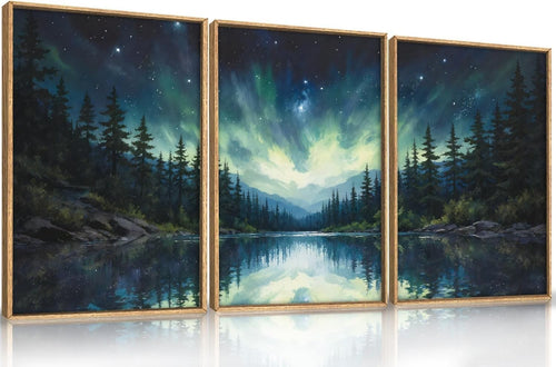 Northern Lights Framed Canvas Wall Art Set 3 Aurora Forest Lake Decor