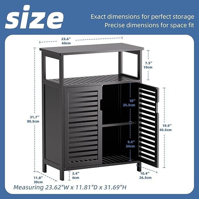 Black Bamboo Bathroom Storage Cabinet with Shutter Doors & Open Shelf 60x30x80cm