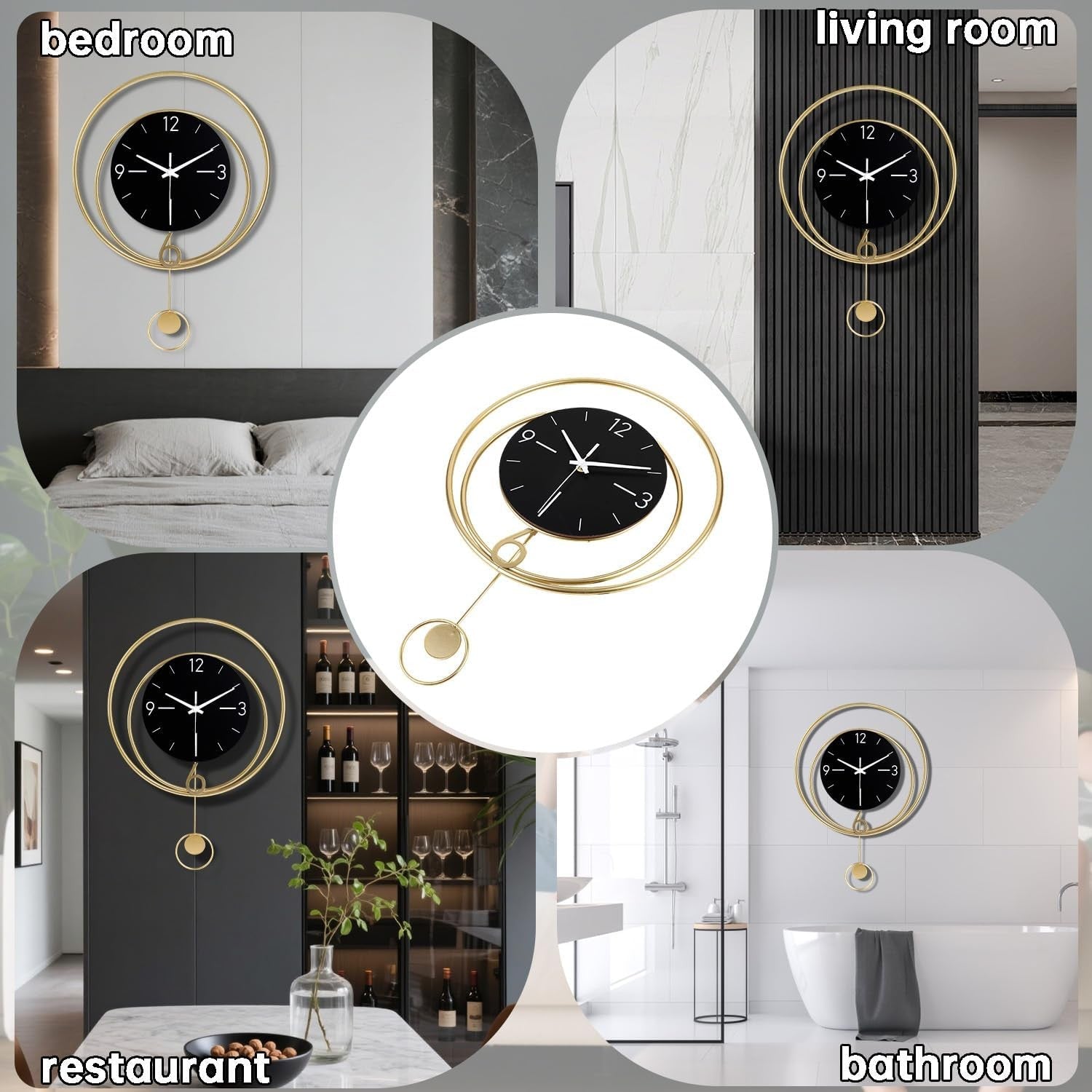 Black Modern Wall Clock 33x43cm Silent Quartz Pendulum Stylish Home Decor