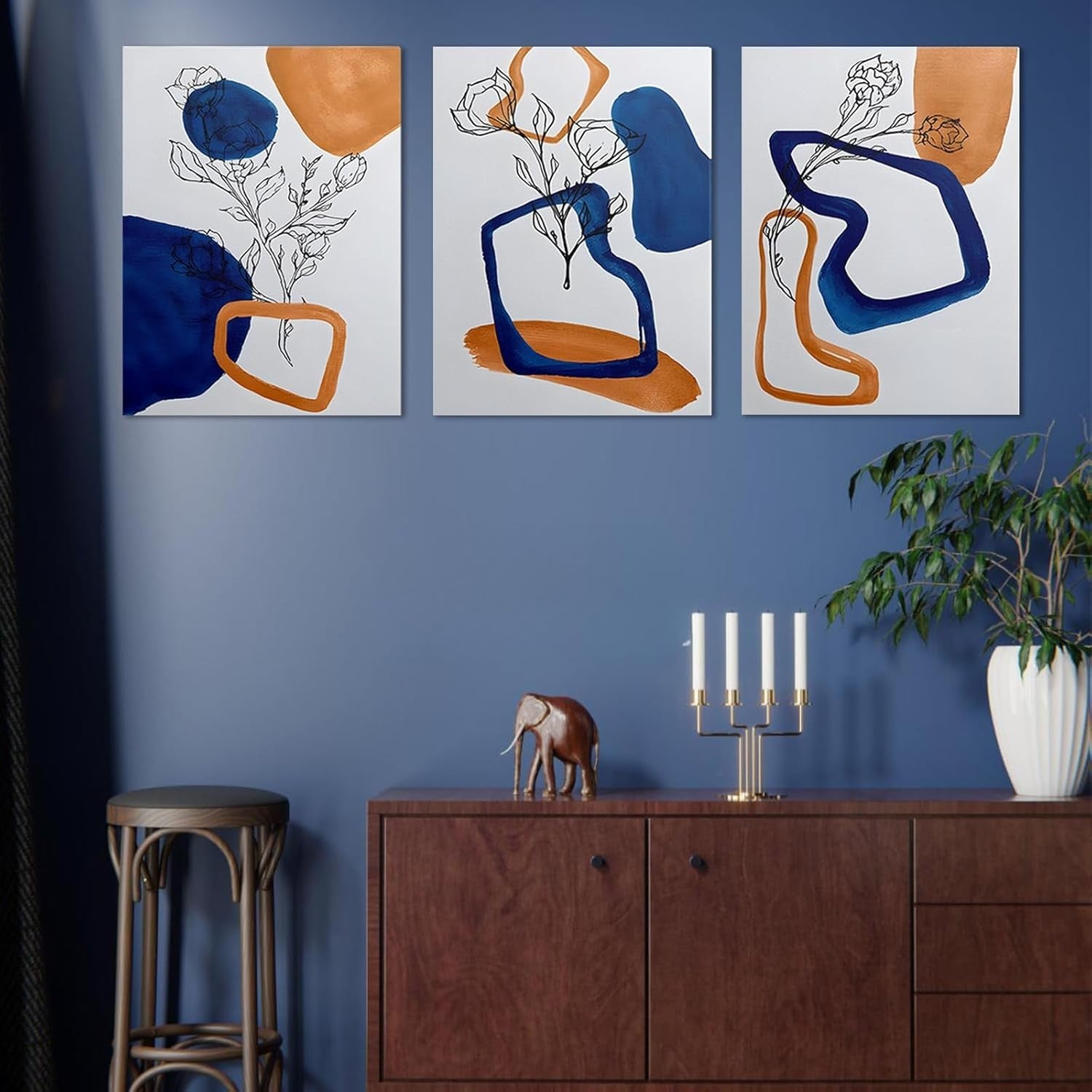3Pcs Abstract Canvas Wall Art – Navy Blue & Gold Modern Boho Decor