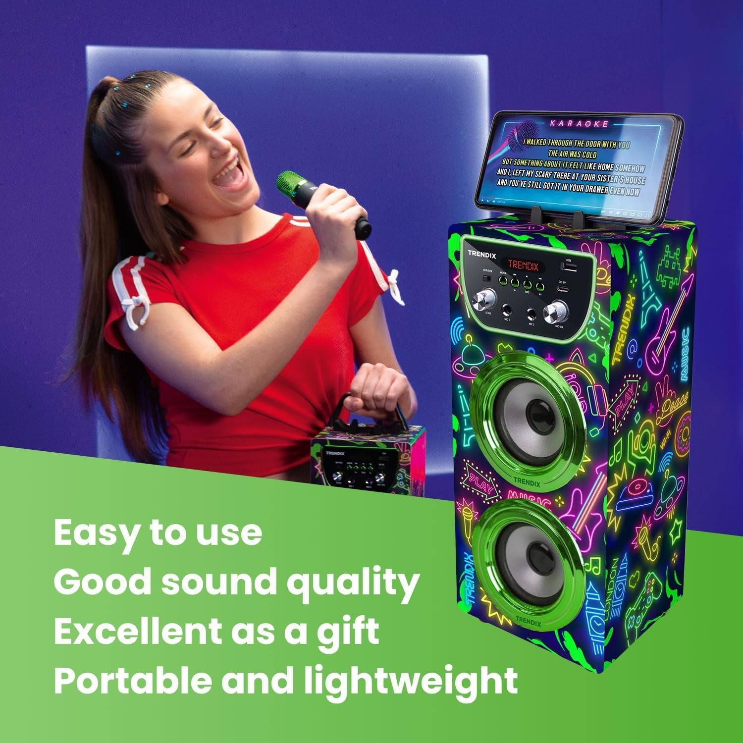 Neon Kids Karaoke Machine 2 Wireless Mics Green Bluetooth FM