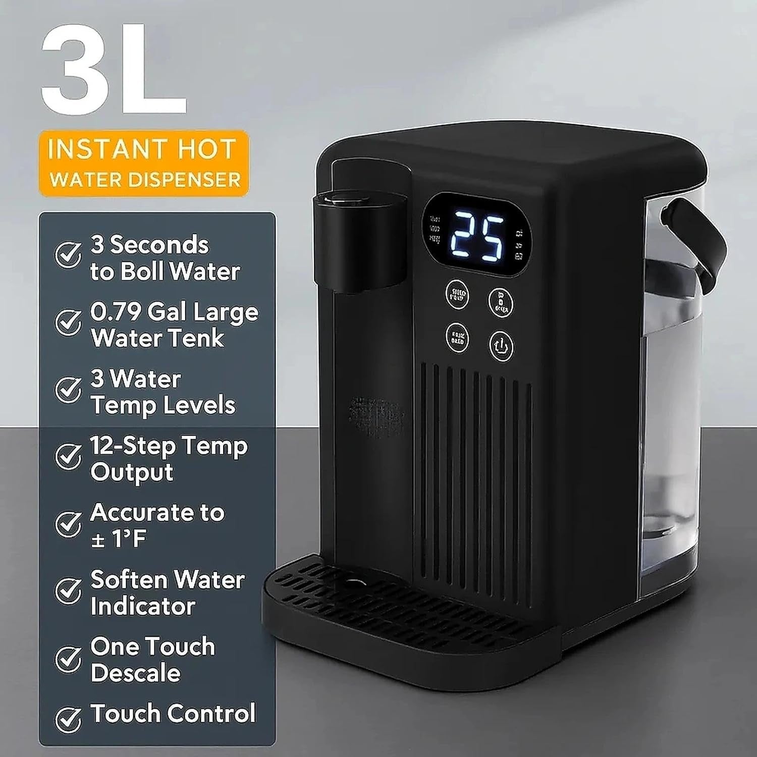 Instant Hot Water Dispenser 3L Touch Control 2000W Fast Heating