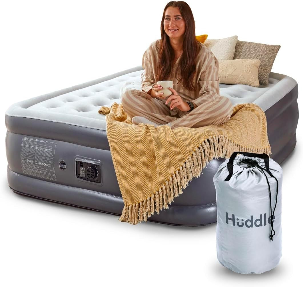 Double Air Bed with Built-In Pump Quick Inflate Flocked Top for Guests & Camping