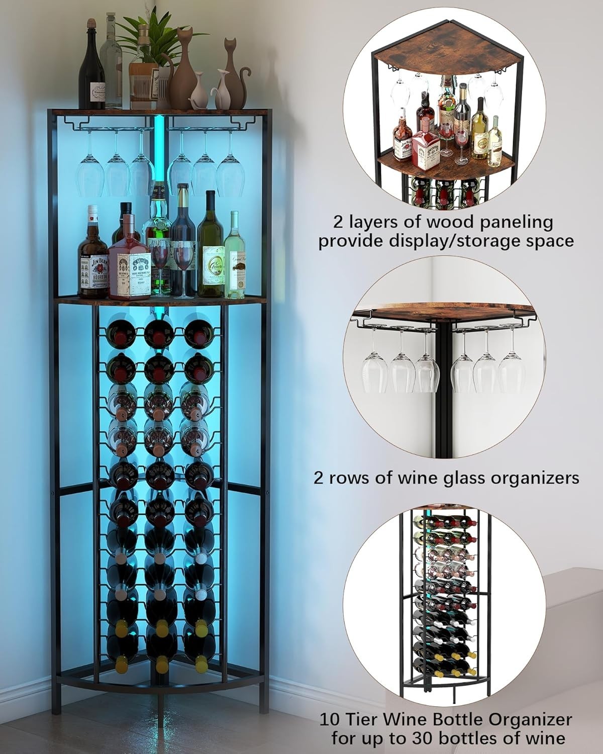 Corner Wine Rack Cabinet with LED Lights, 30 Bottle Storage & Glass Holder Bar