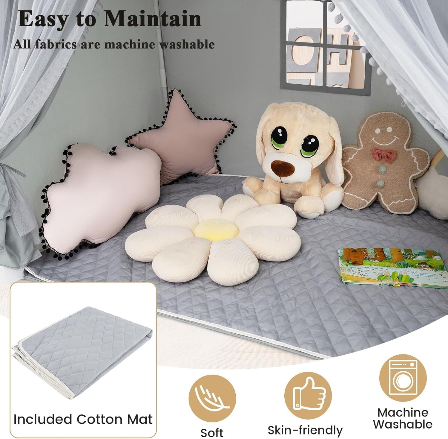 Grey Kids Fairy Play Tent Indoor Playhouse w Lights Mat Curtains