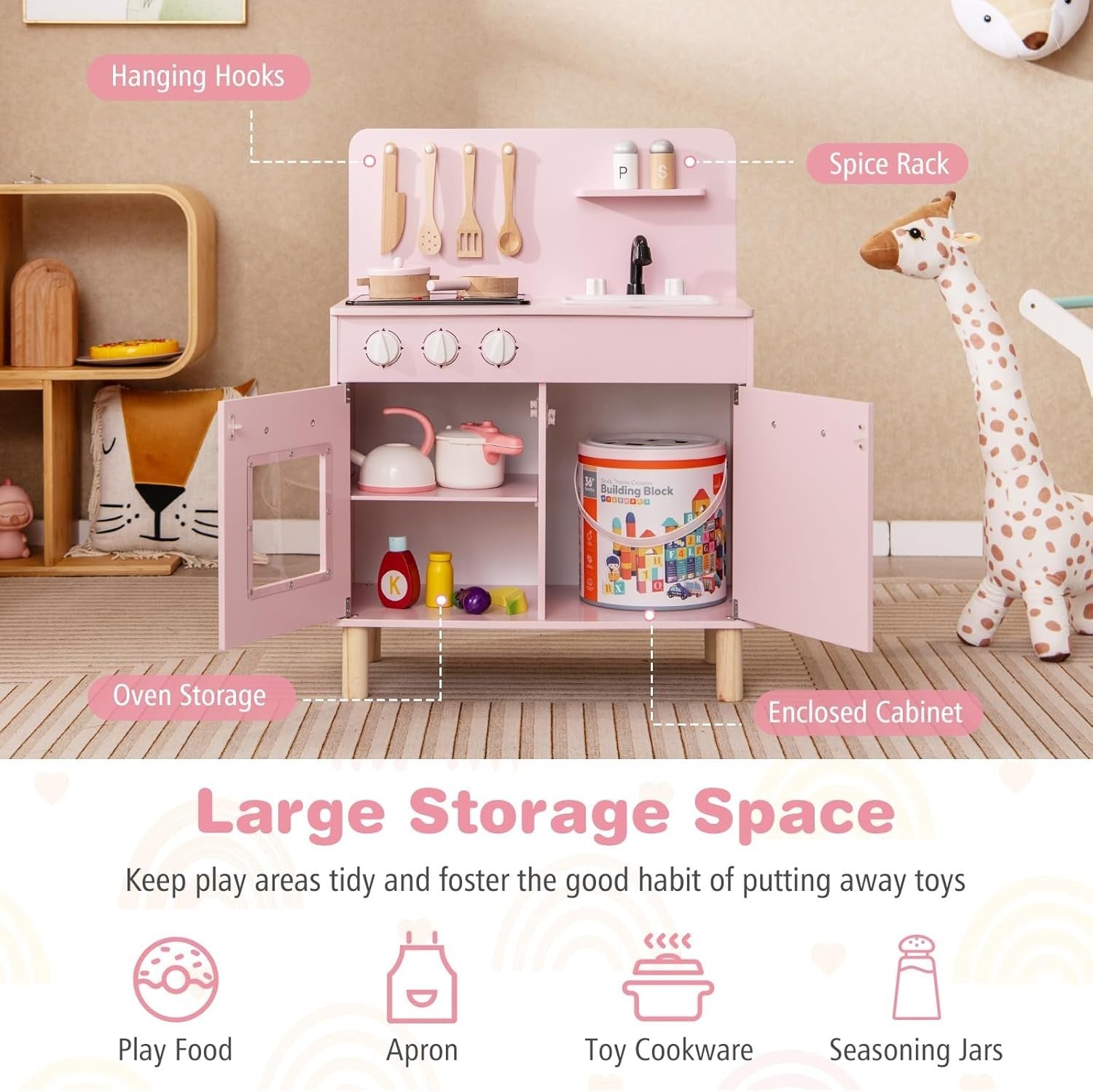 Wooden Kids Play Kitchen Pink Lights Sounds Oven Chef Toy Set