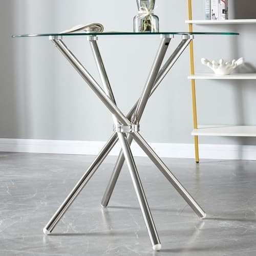 90cm Round Glass Dining Table with Silver Metal Legs Compact Kitchen Table
