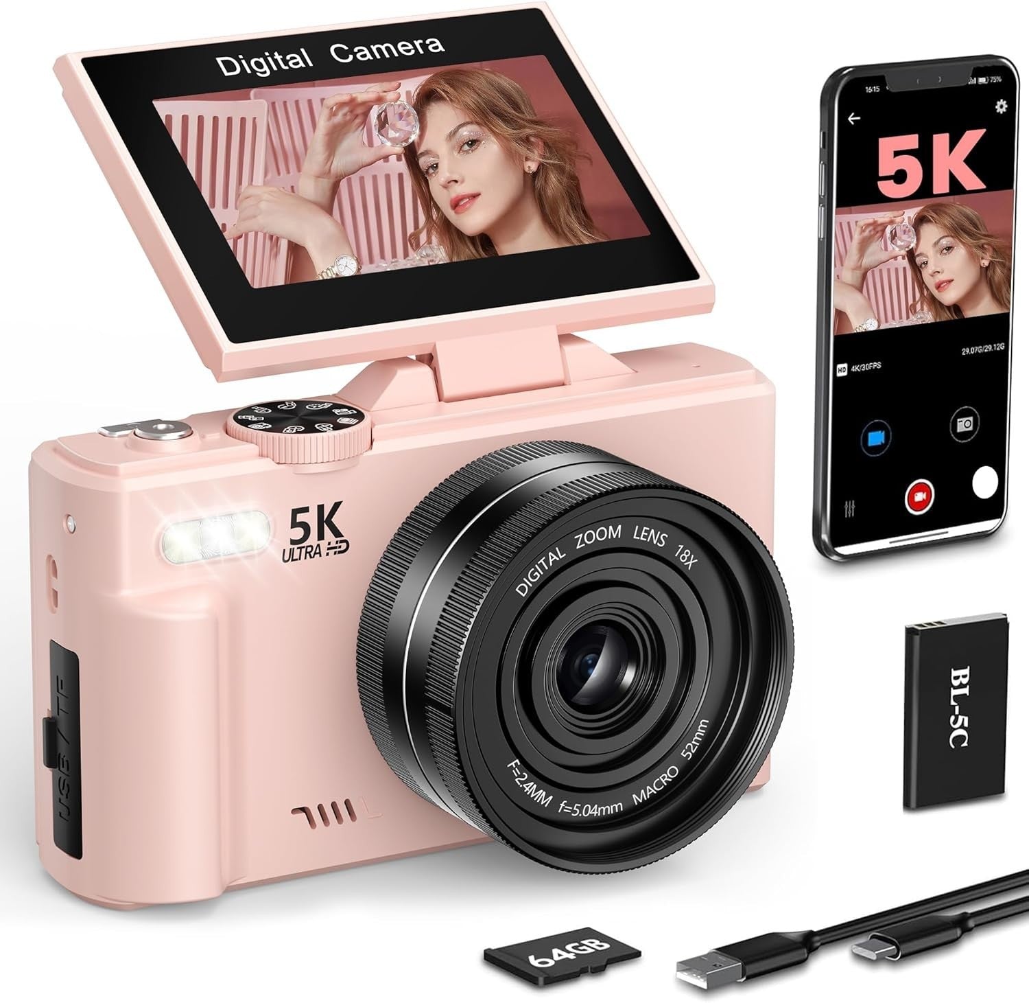 5K 75MP Vlogging Camera WiFi Flip Screen Zoom Camera Pink 64GB