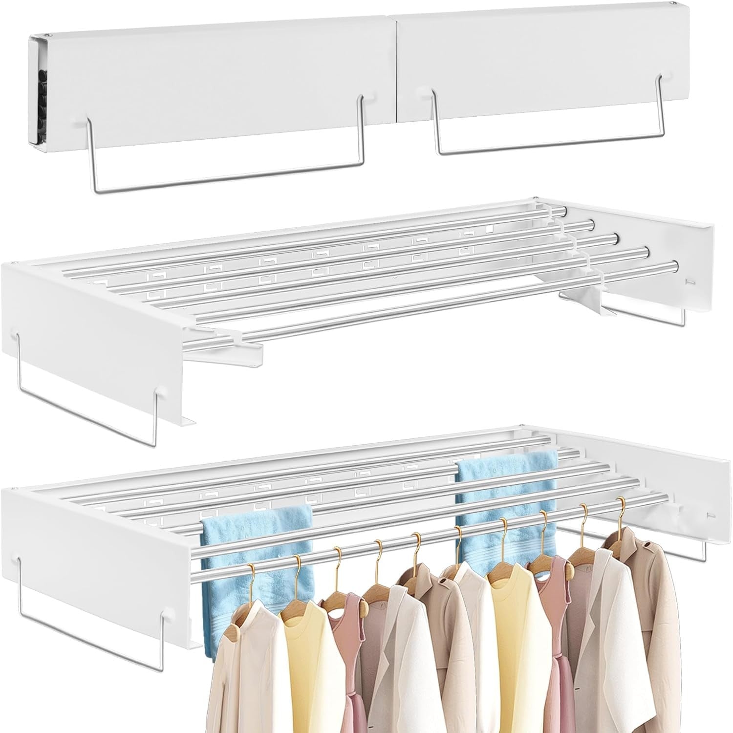 Wall Mounted Retractable Clothes Airer Folding Drying Rack Space Saving