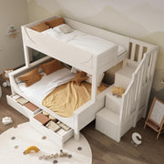 Space-Saving Double Bunk Bed with Storage Drawers & Stairs, Kids Safe