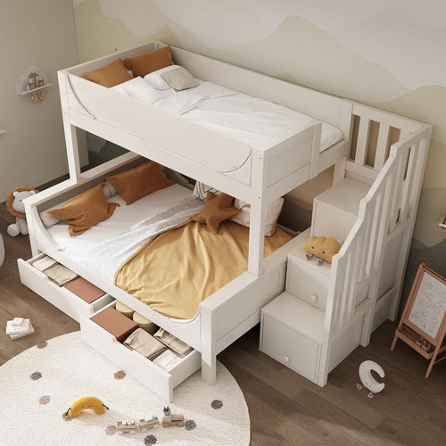 Space-Saving Double Bunk Bed with Storage Drawers & Stairs, Kids Safe
