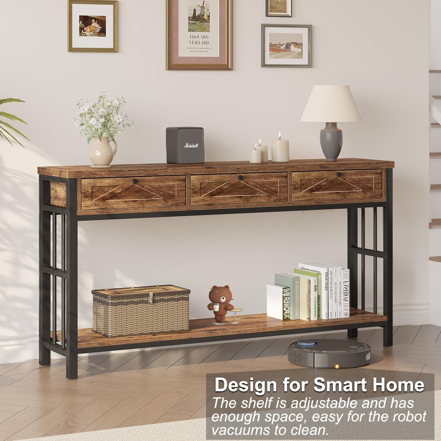 Rustic Entryway Console Table with 3 Drawers & Open Shelf, 140x34x80cm