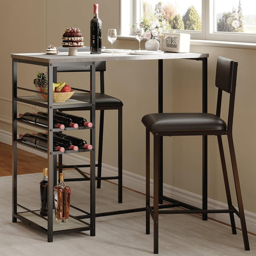 3-Piece Breakfast Bar Table Set Wine Racks & 2 Upholstered Chairs - Black Table