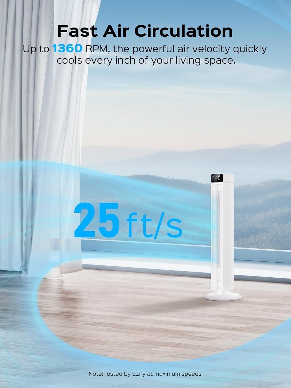 Tower Fan 25ft/s Quiet 30dB – 6-Speed Oscillating Fan w/ Remote & Timer White